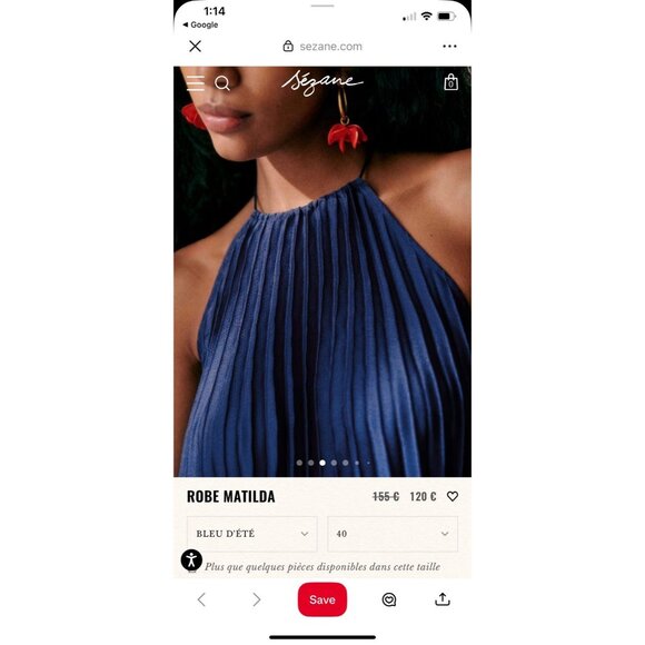 Sezane Size 38 / US 6 Robe Matilda Pleated Open Back Mini Dress Elect Blue NWT - Picture 15 of 16